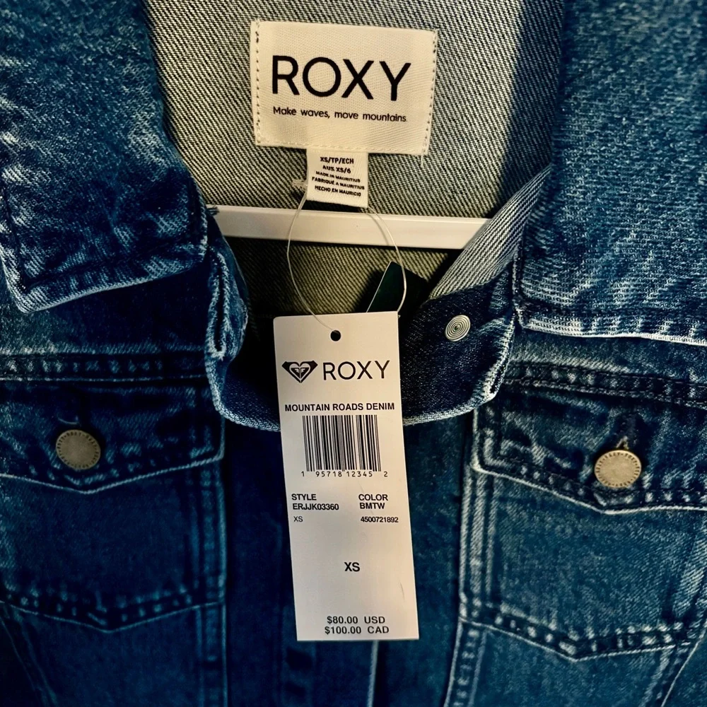 NWT Womens XS Dark Blue Roxy Mountain Roads Four Pocket Denim Jean Jacket Coat